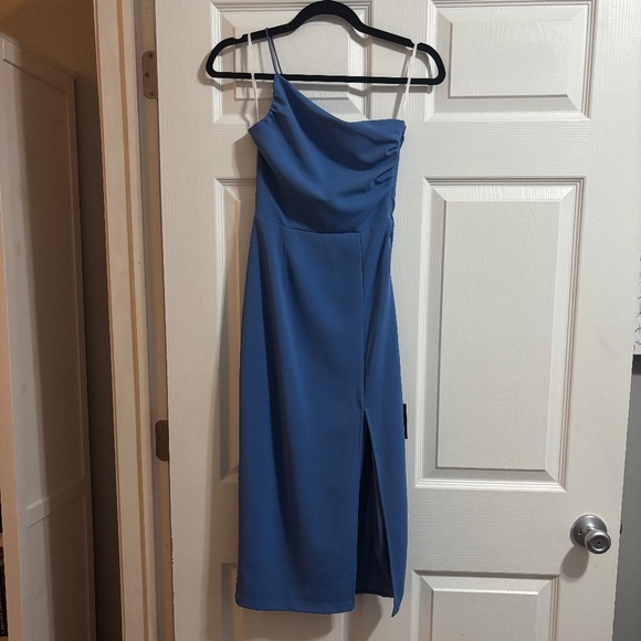 Lulus Elegant Allure Slate Blue One-Shoulder Midi Dress - Picture 1 of 3